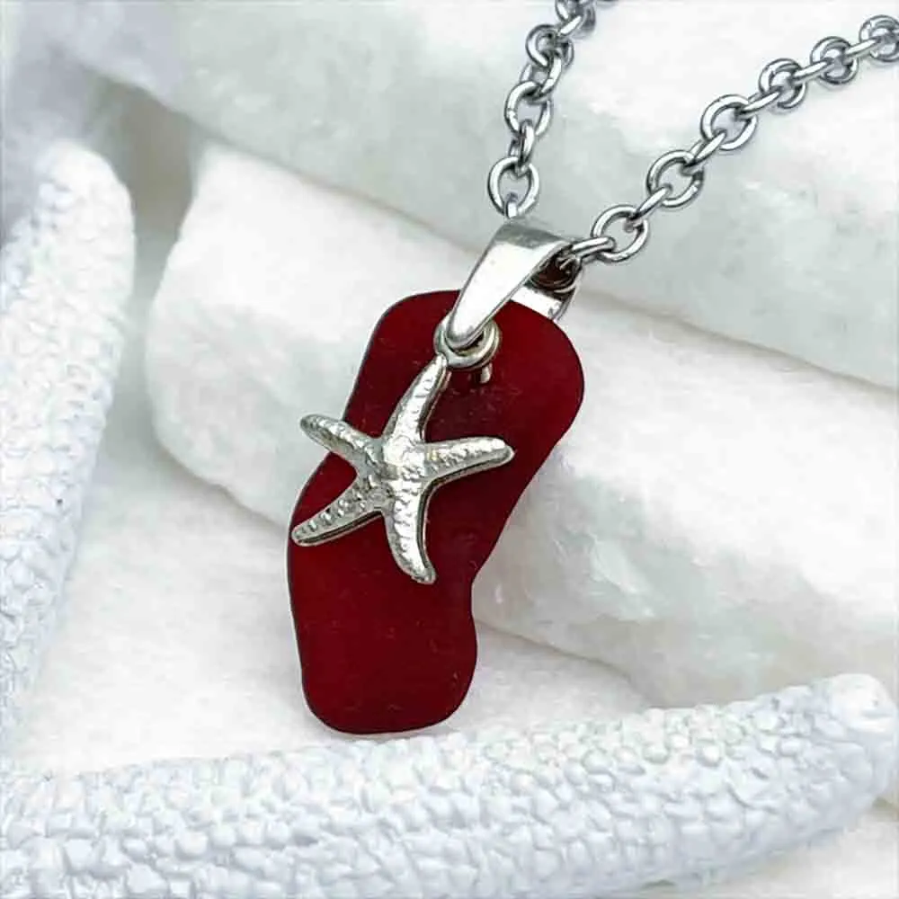 Deep Red Sea Glass Pendant with Sterling Silver Starfish Charm | 5239