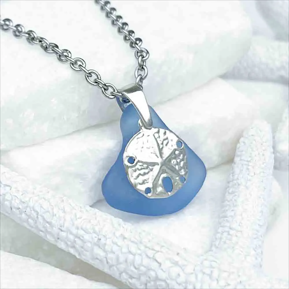 Delightful Cornflower Blue Sea Glass Pendant with Sand Dollar Charm | 5214