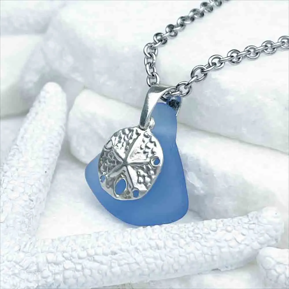 Delightful Cornflower Blue Sea Glass Pendant with Sand Dollar Charm | 5214