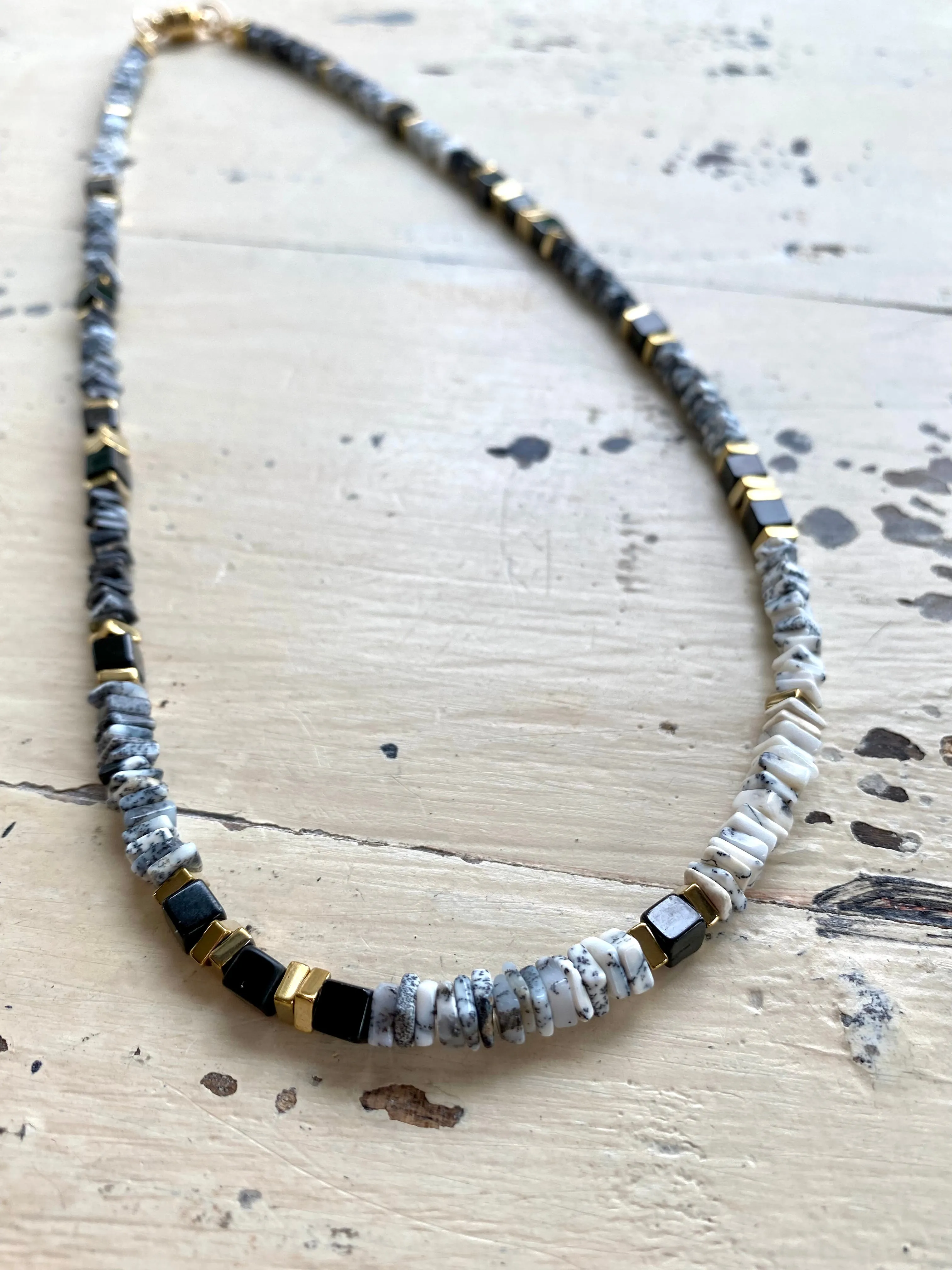 Dendritic Opal & Black Spinel Necklace, Gold Plated Magnetic Clasp, 16or 19inches