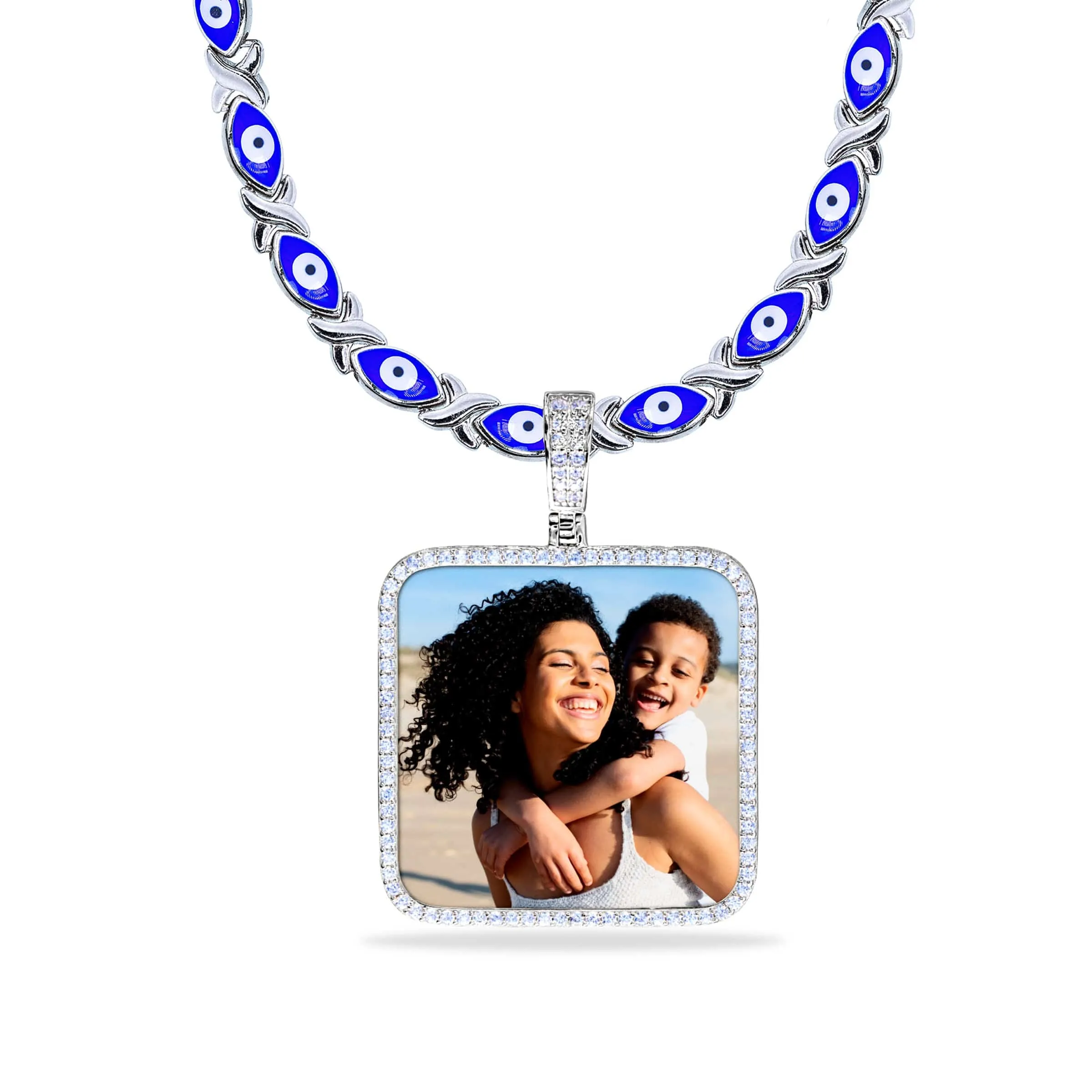 Evil Eye Xo Chain Iced Out Square Photo Pendant