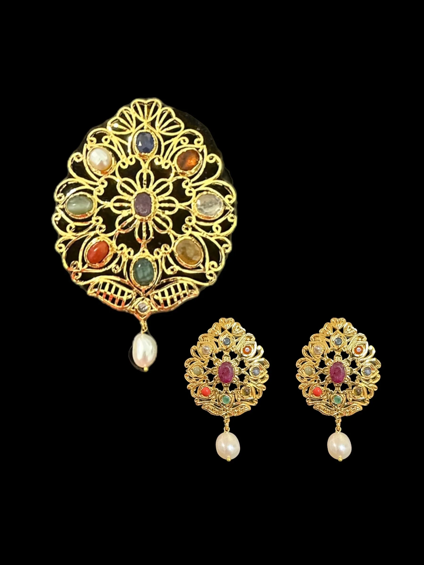 FAHM Navratan pendant set  with real stones ( READY TO SHIP )