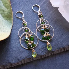 Fiona - Chrome Diopside and Peridot Silver Drop Hoop Earrings