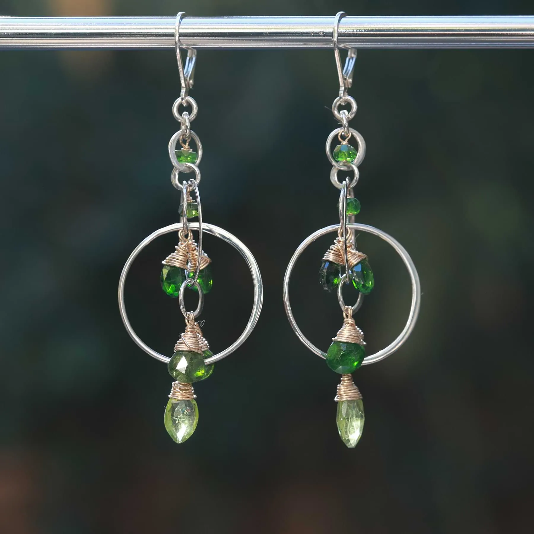 Fiona - Chrome Diopside and Peridot Silver Drop Hoop Earrings