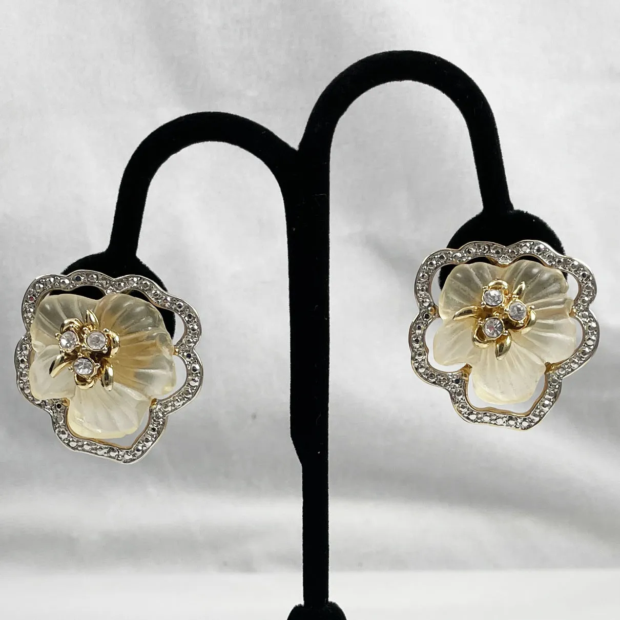 Floral Rhinestone Clip On Earrings Vintage