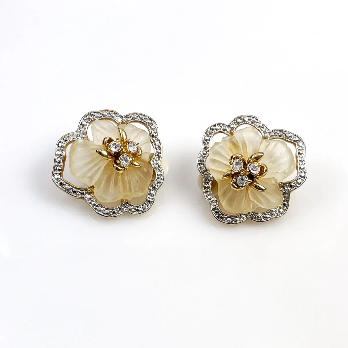 Floral Rhinestone Clip On Earrings Vintage