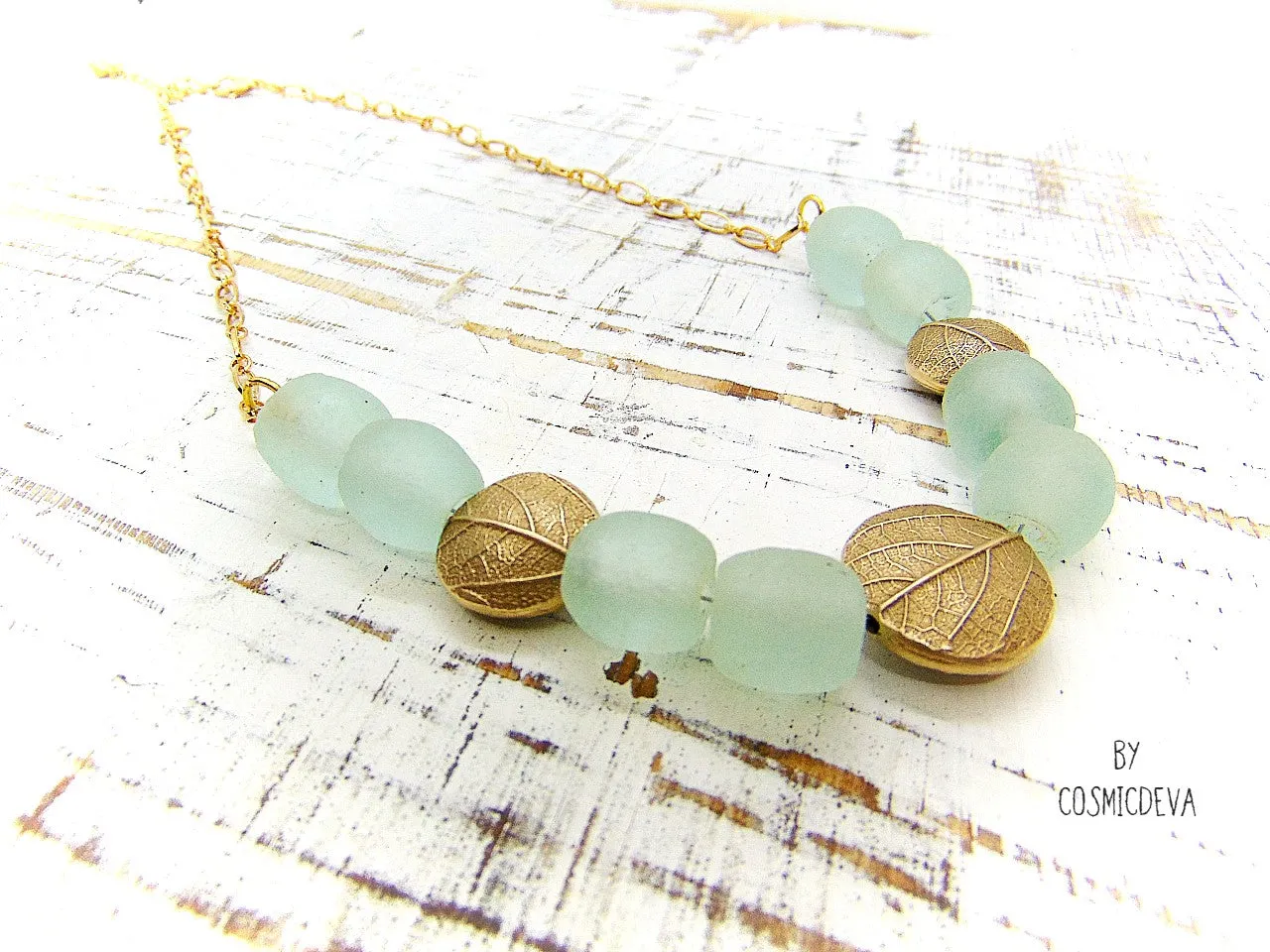 Gold Bronze Leaf Necklace, Aqua Blue Recycled Glass Necklace, Bronze Necklace