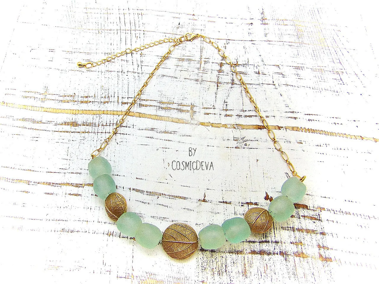 Gold Bronze Leaf Necklace, Aqua Blue Recycled Glass Necklace, Bronze Necklace