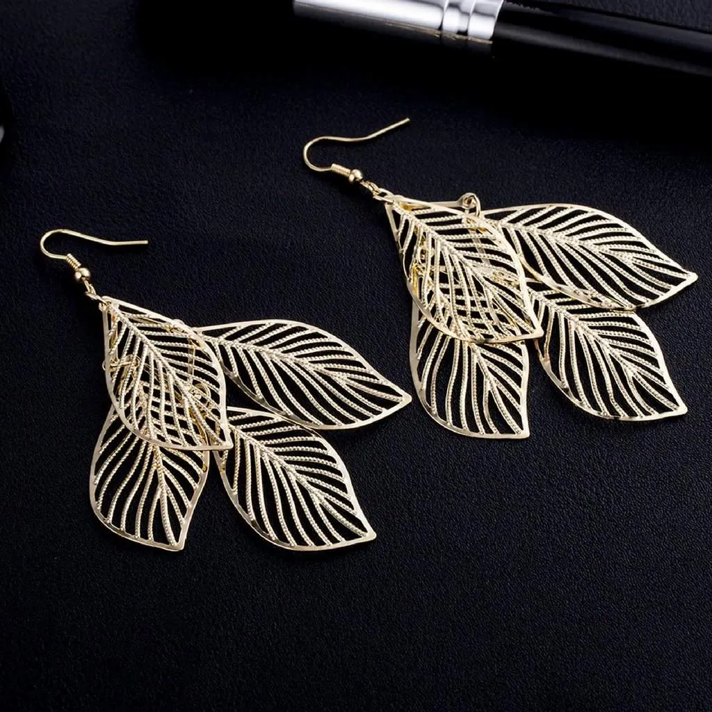 Gold Cut Out Leaf Long Dangle Earrings