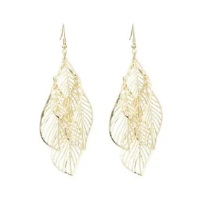 Gold Cut Out Leaf Long Dangle Earrings