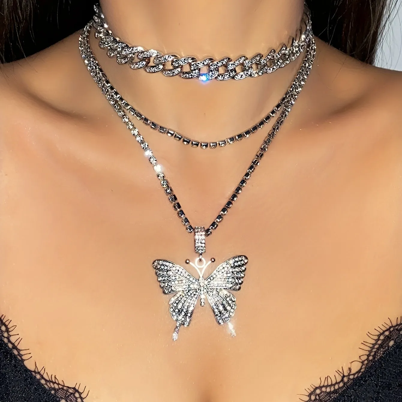 Gorgeous 3-Piece Vintage Butterfly Rhinestone Necklace Set - Adjustable Cuban Chain Chain