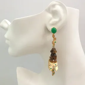 Green Jade Stud with Green Agate and Carved Dog Tiger Eyes "Foliage" Twinset Earrings