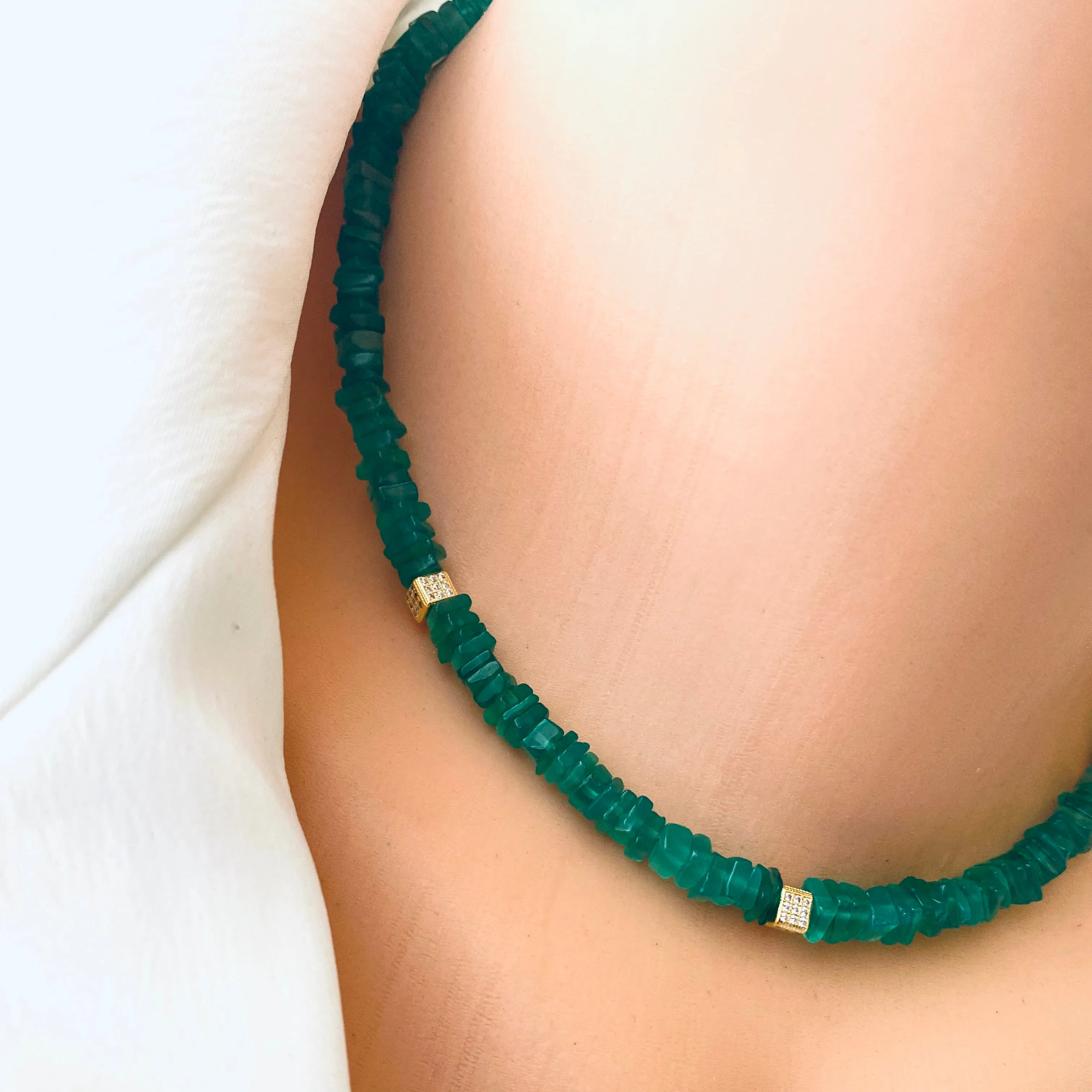 Green Onyx Choker Necklace & Gold Vermeil Details and Clasp, 15.5inches