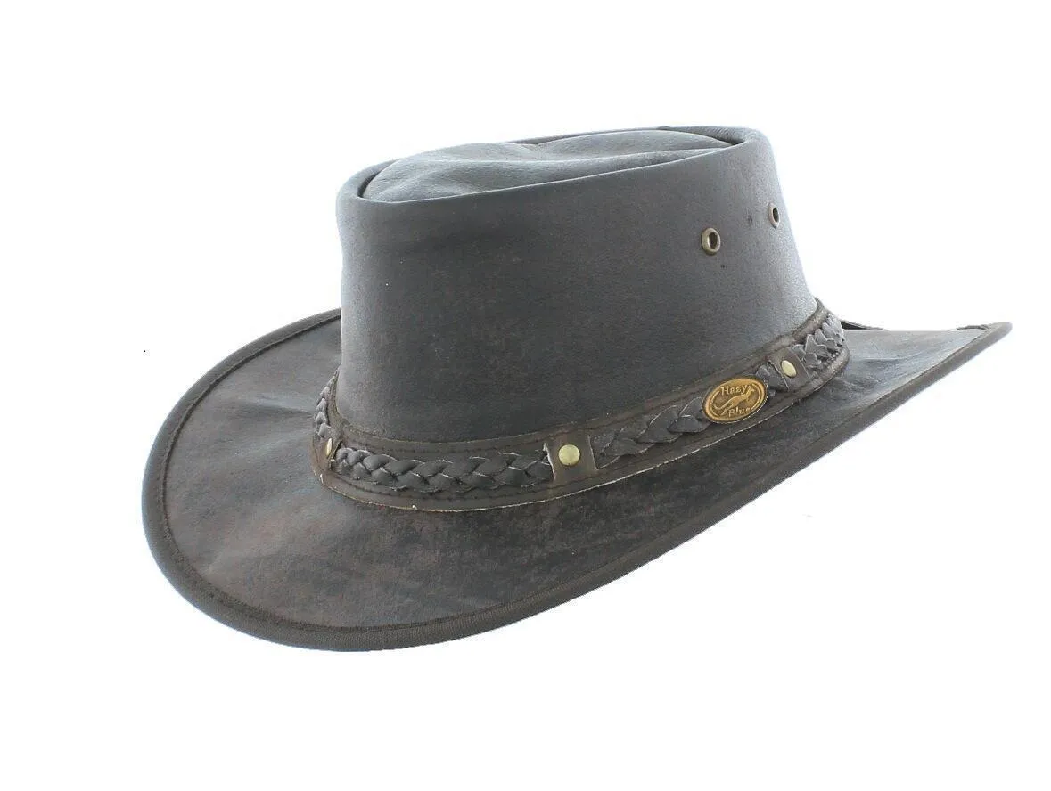 Hazy Blue Leather Australian Style Outback Cowboy Bute Style Hat