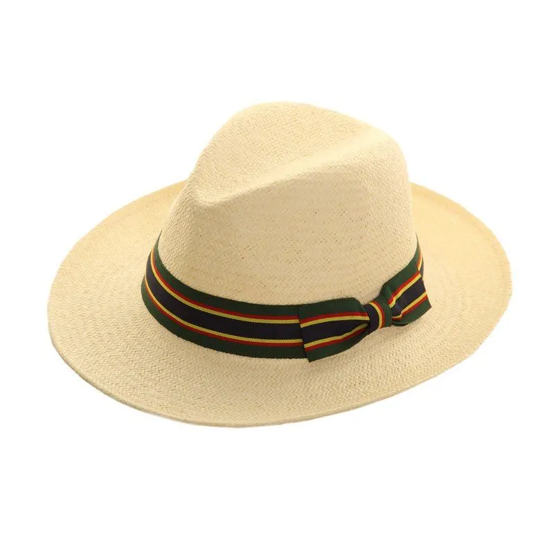 Hazy Blue Mens Straw Fedora II Hat Panama Style With Wide Stripe Band and Bow