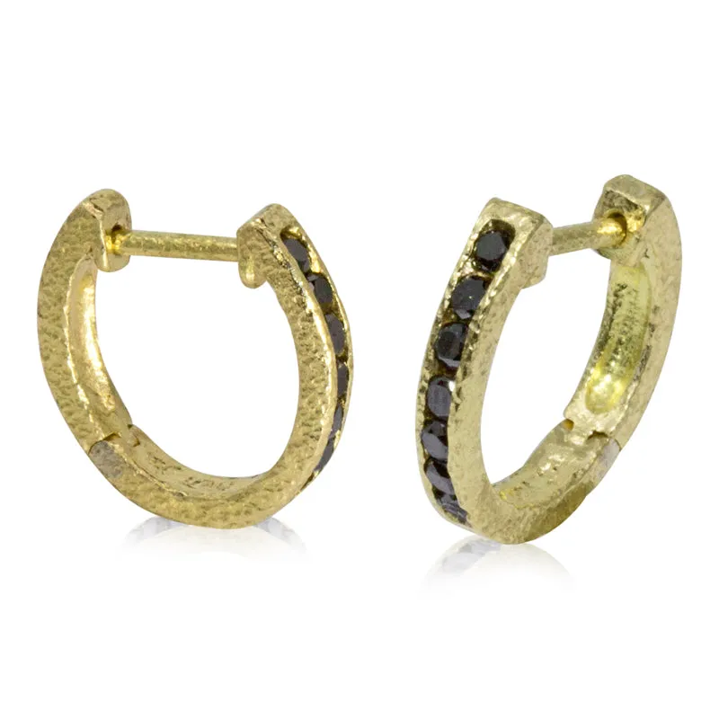 Hinged Hoop Black Diamond Earrings in 18k Yellow Gold