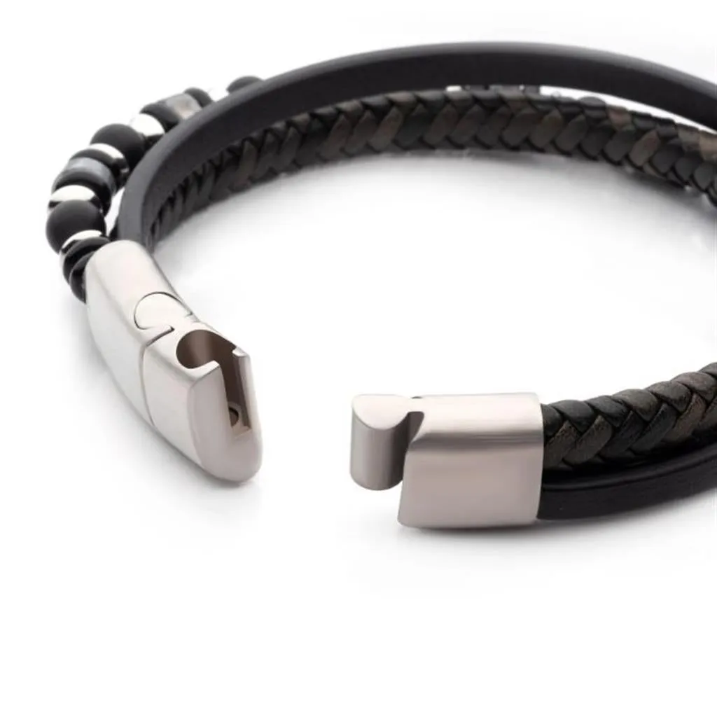 INOX Black & Grey Leather Bracelet