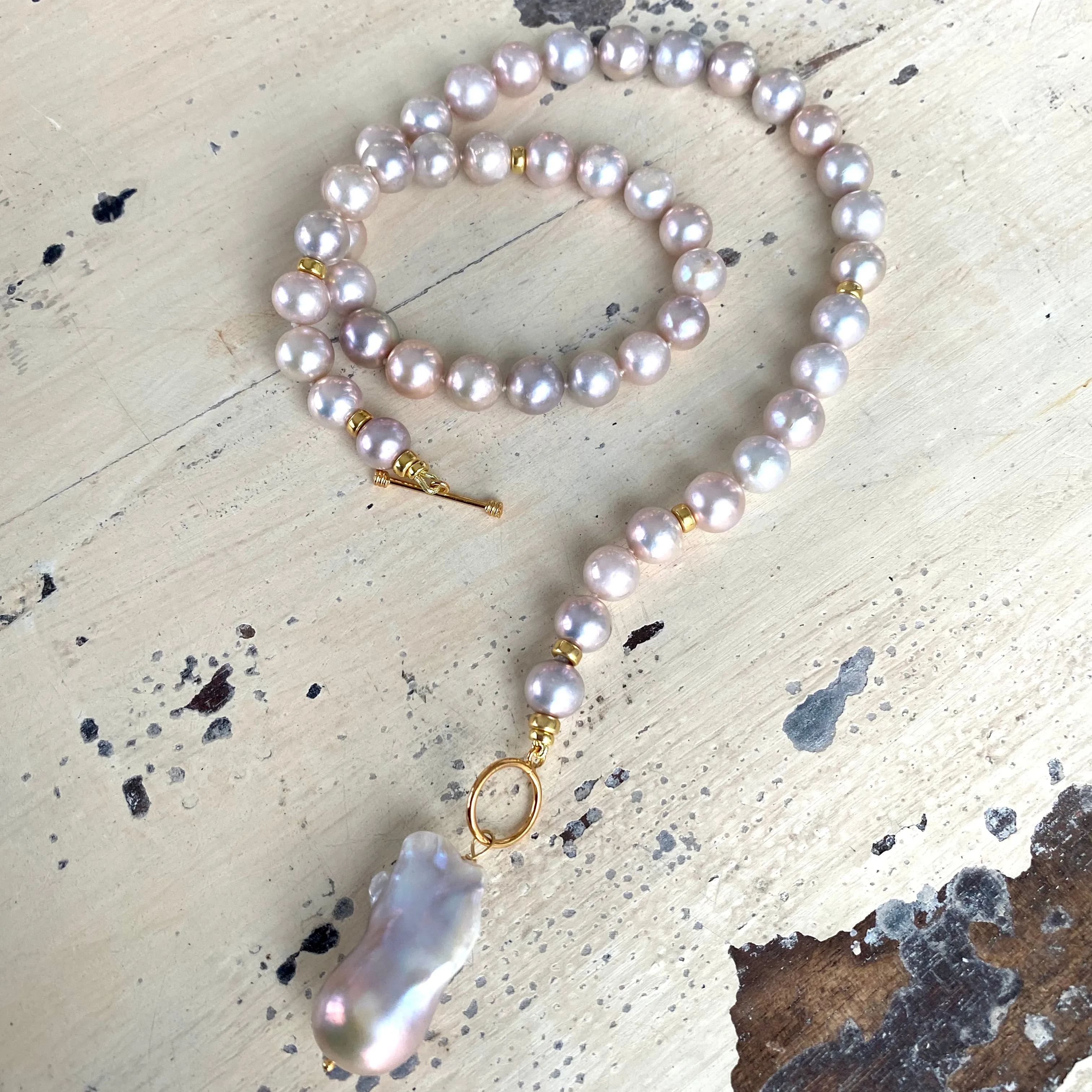 Lavender Pink Round Pearl Necklace w Baroque Pearl Charm Pendant, Vermeil Details, 18Inches