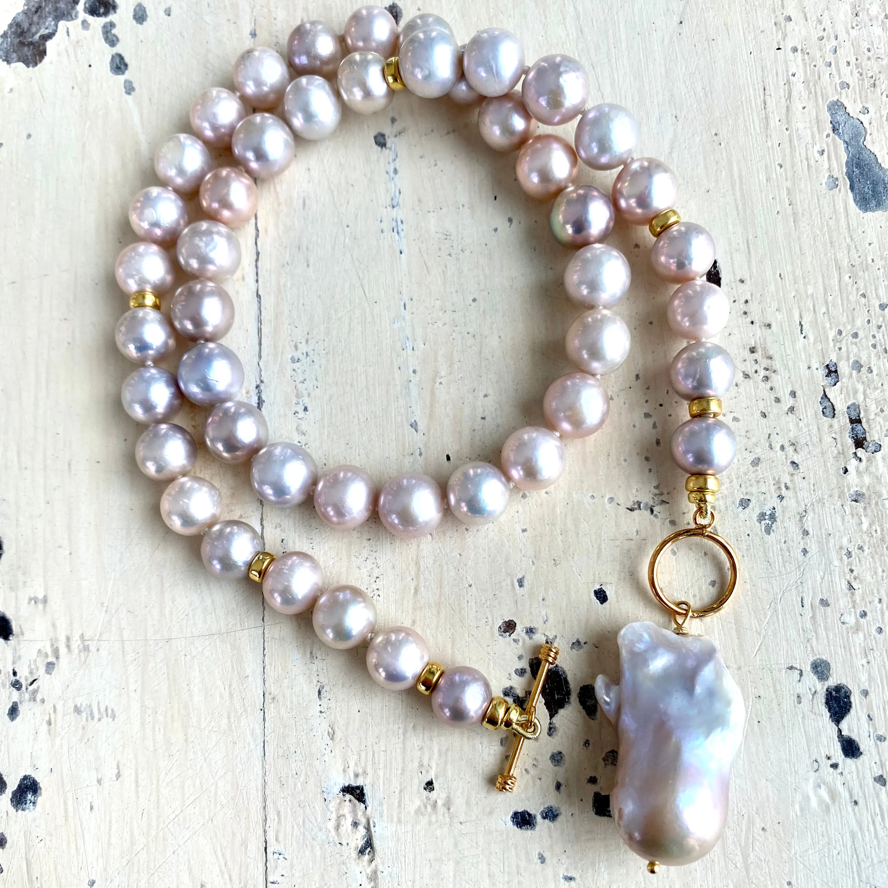 Lavender Pink Round Pearl Necklace w Baroque Pearl Charm Pendant, Vermeil Details, 18Inches