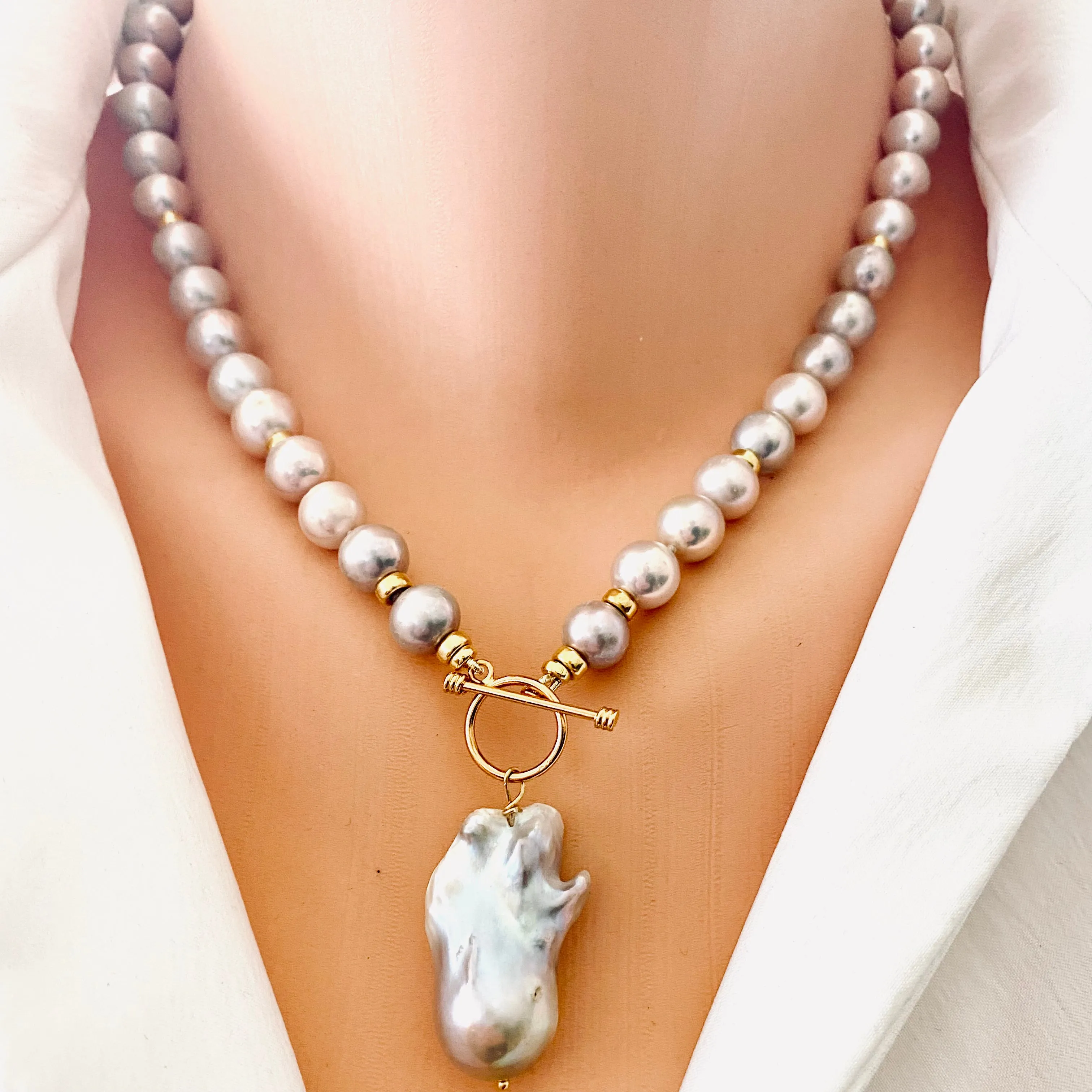 Lavender Pink Round Pearl Necklace w Baroque Pearl Charm Pendant, Vermeil Details, 18Inches