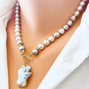 Lavender Pink Round Pearl Necklace w Baroque Pearl Charm Pendant, Vermeil Details, 18Inches