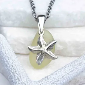 Light Yellow Sea Glass Pendant with Sterling Silver Large Starfish Charm | 5270