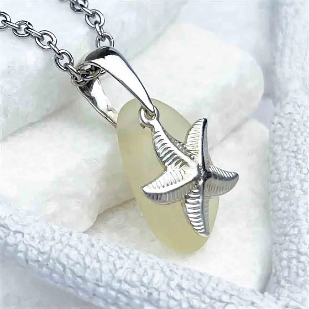 Light Yellow Sea Glass Pendant with Sterling Silver Large Starfish Charm | 5270