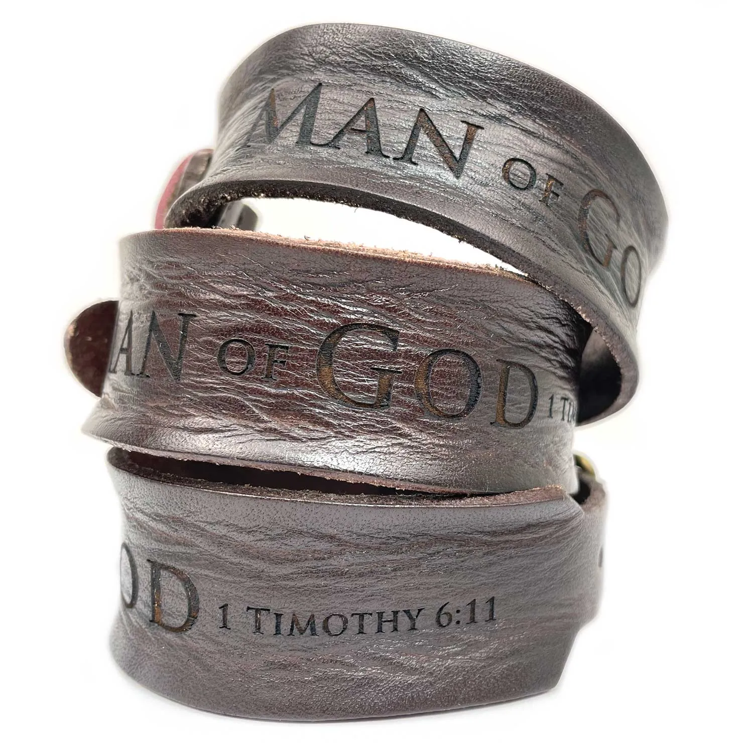 Man of God 1 Timothy 6:11 Laser-Engraved Brown Leather Scripture Bracelet with Watch Band Clasp