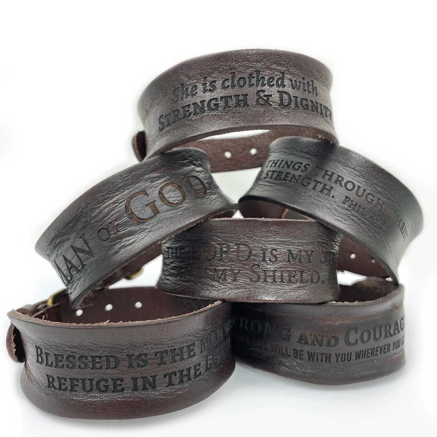 Man of God 1 Timothy 6:11 Laser-Engraved Brown Leather Scripture Bracelet with Watch Band Clasp