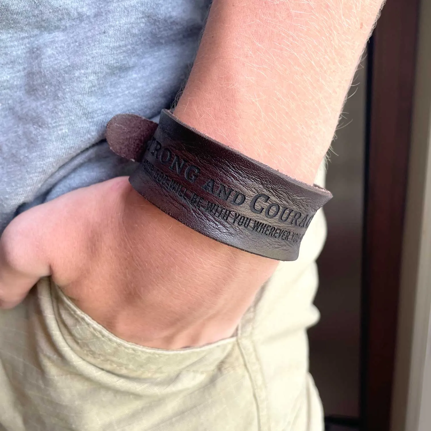 Man of God 1 Timothy 6:11 Laser-Engraved Brown Leather Scripture Bracelet with Watch Band Clasp