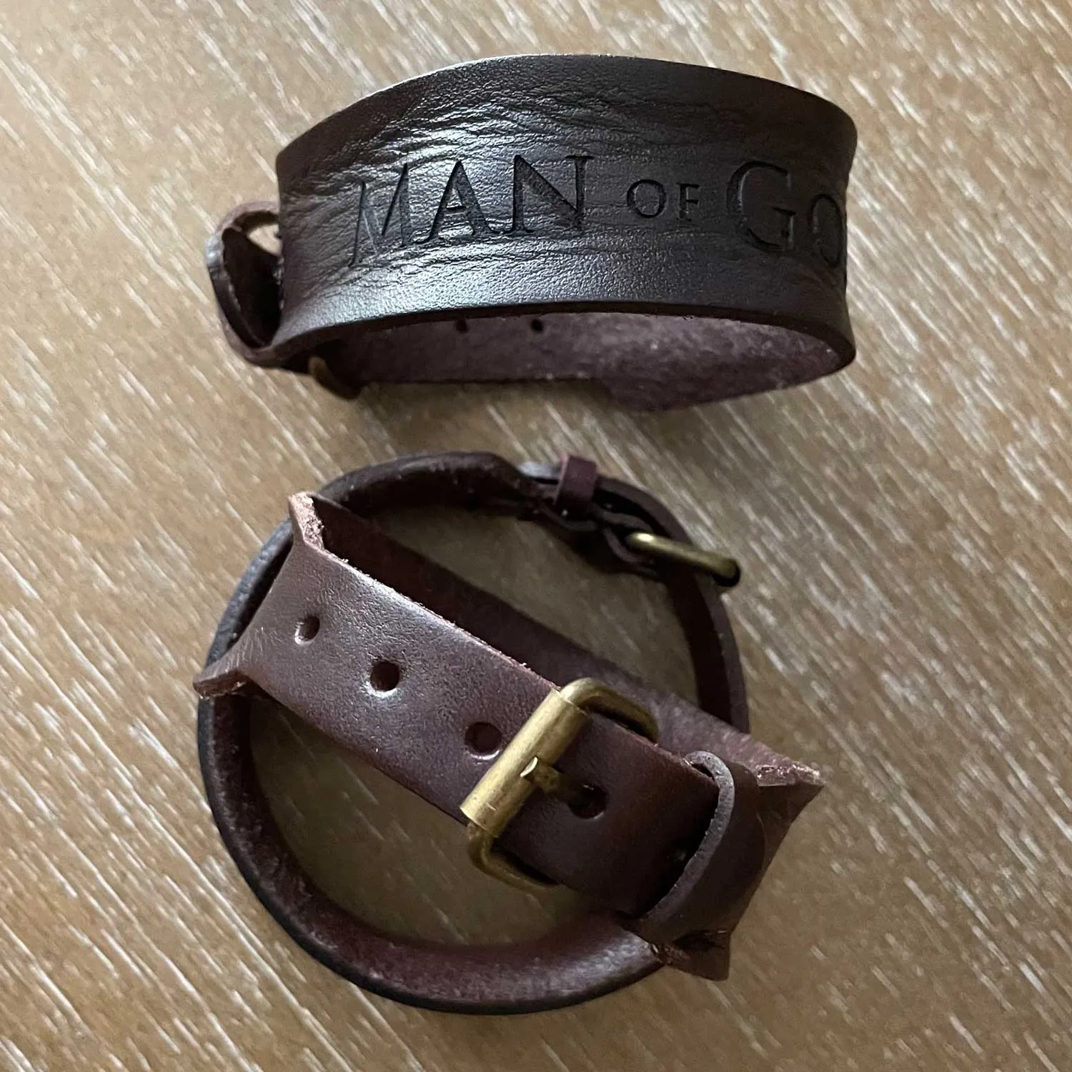 Man of God 1 Timothy 6:11 Laser-Engraved Brown Leather Scripture Bracelet with Watch Band Clasp