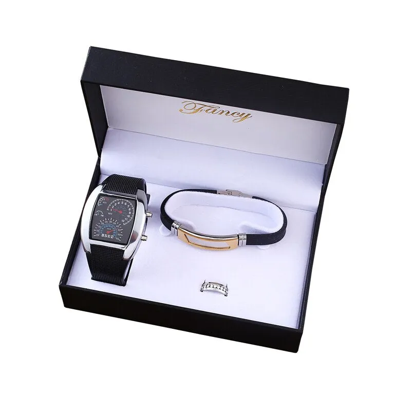 Men Large Dial Electronic Watch, Bracelet, and Ring Gift Box Set