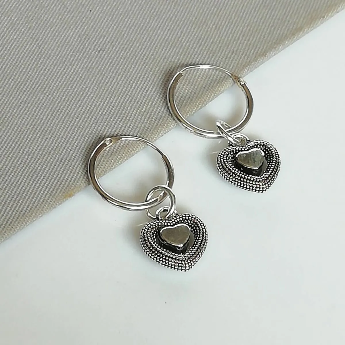 Minimalist Hoops - Silver Heart Charm - Heart Earrings - 12mm Hoops - Small Hoop Silver Earrings - E17PD339