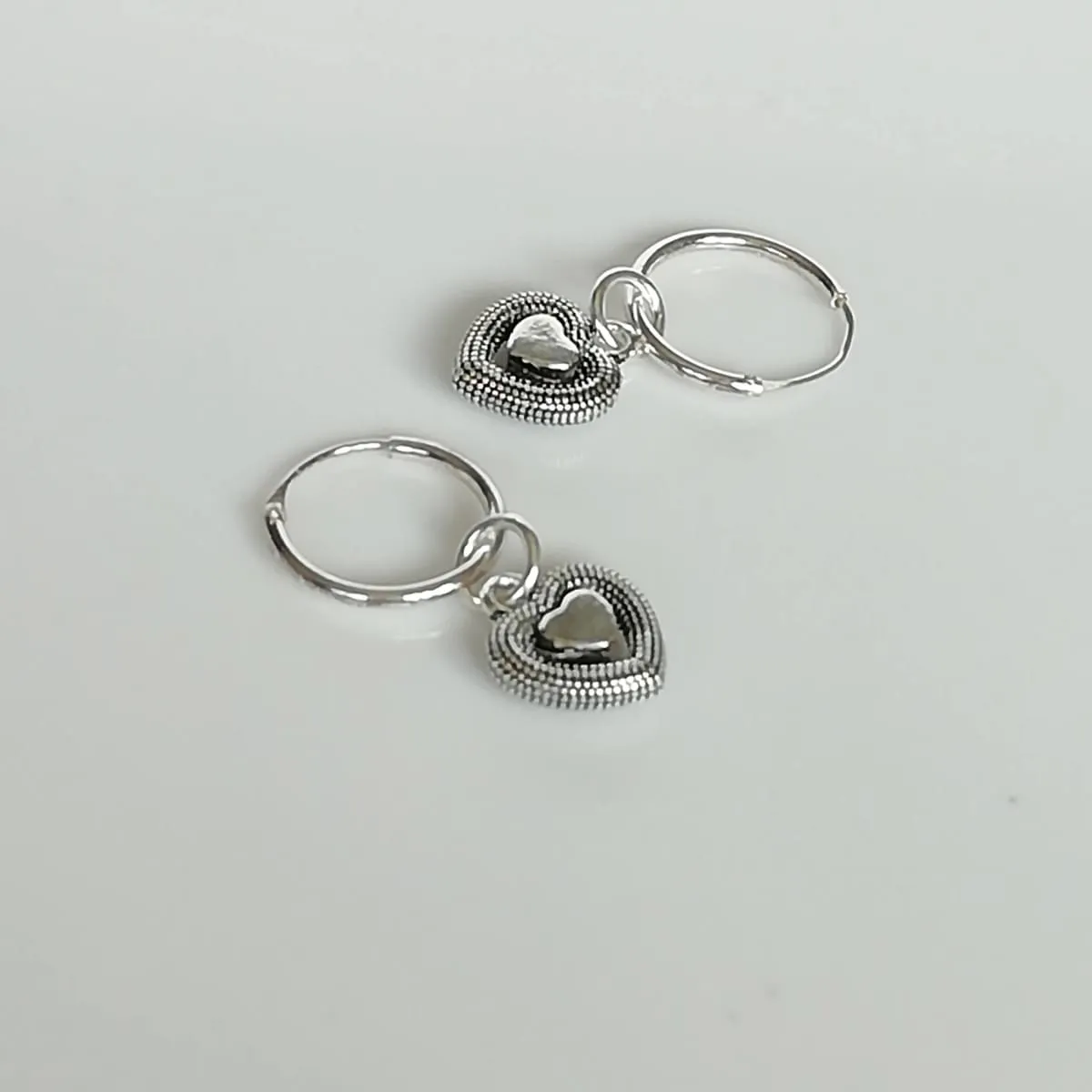 Minimalist Hoops - Silver Heart Charm - Heart Earrings - 12mm Hoops - Small Hoop Silver Earrings - E17PD339