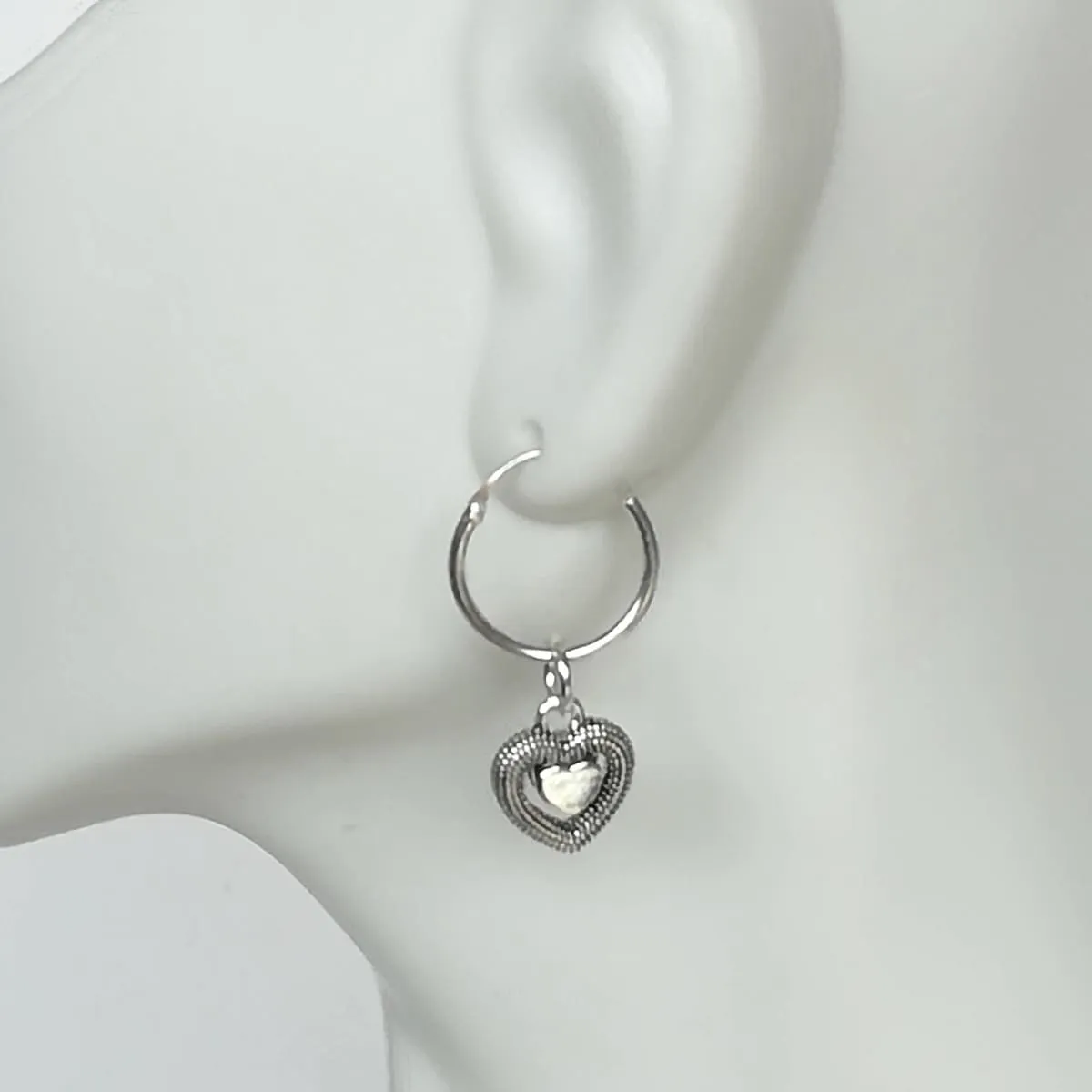 Minimalist Hoops - Silver Heart Charm - Heart Earrings - 12mm Hoops - Small Hoop Silver Earrings - E17PD339