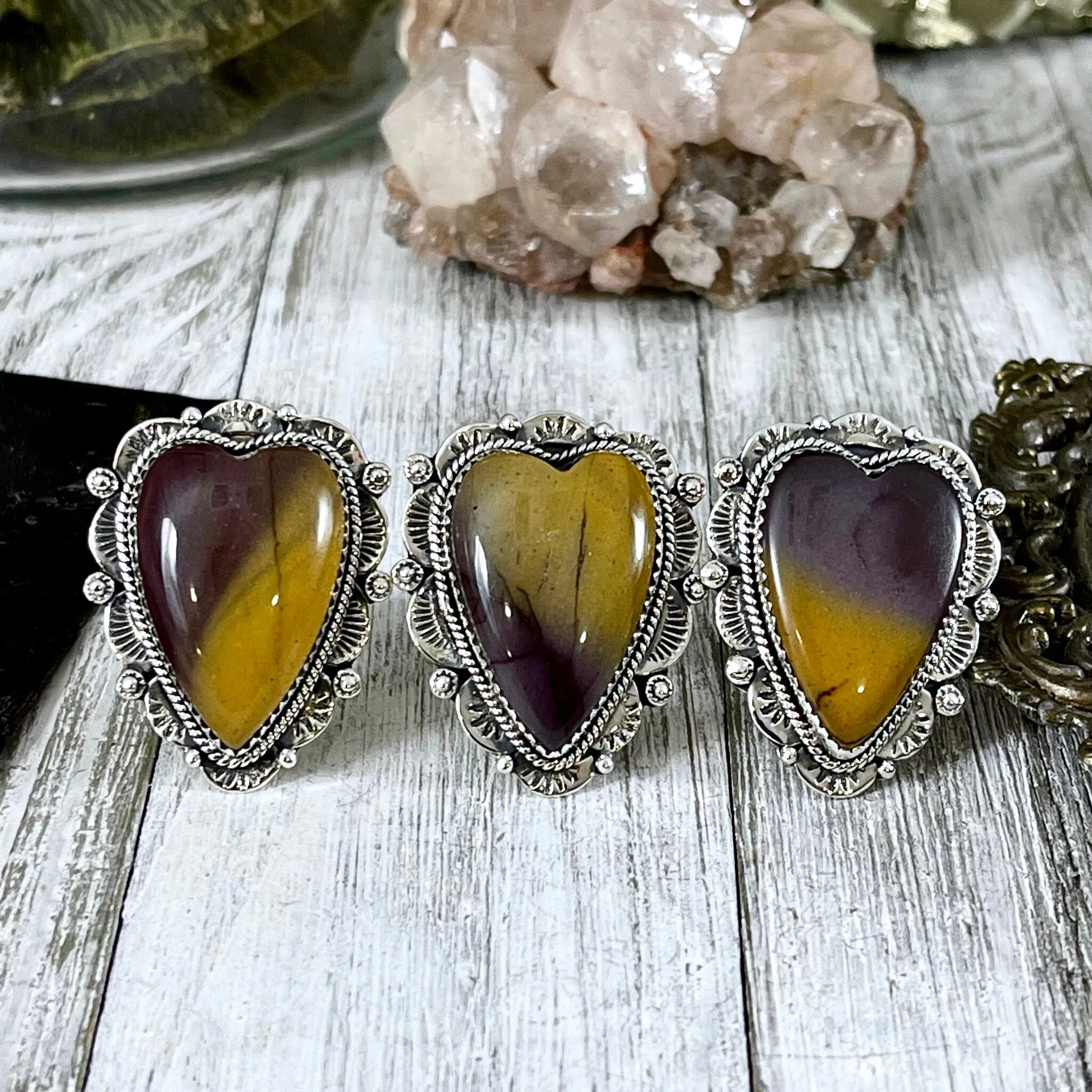 Mookaite Heart Crystal Statement Ring in Sterling Silver- Designed by FOXLARK Collection Size Adjustable to Size 6 7 8 9 / Gothic Jewelry