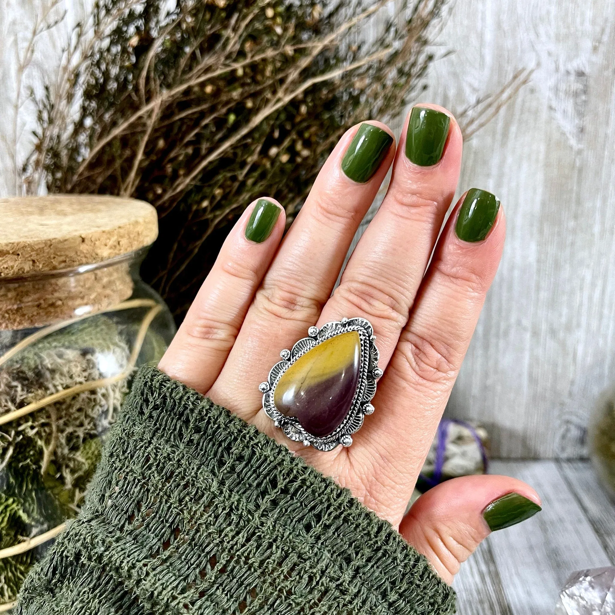 Mookaite Heart Crystal Statement Ring in Sterling Silver- Designed by FOXLARK Collection Size Adjustable to Size 6 7 8 9 / Gothic Jewelry