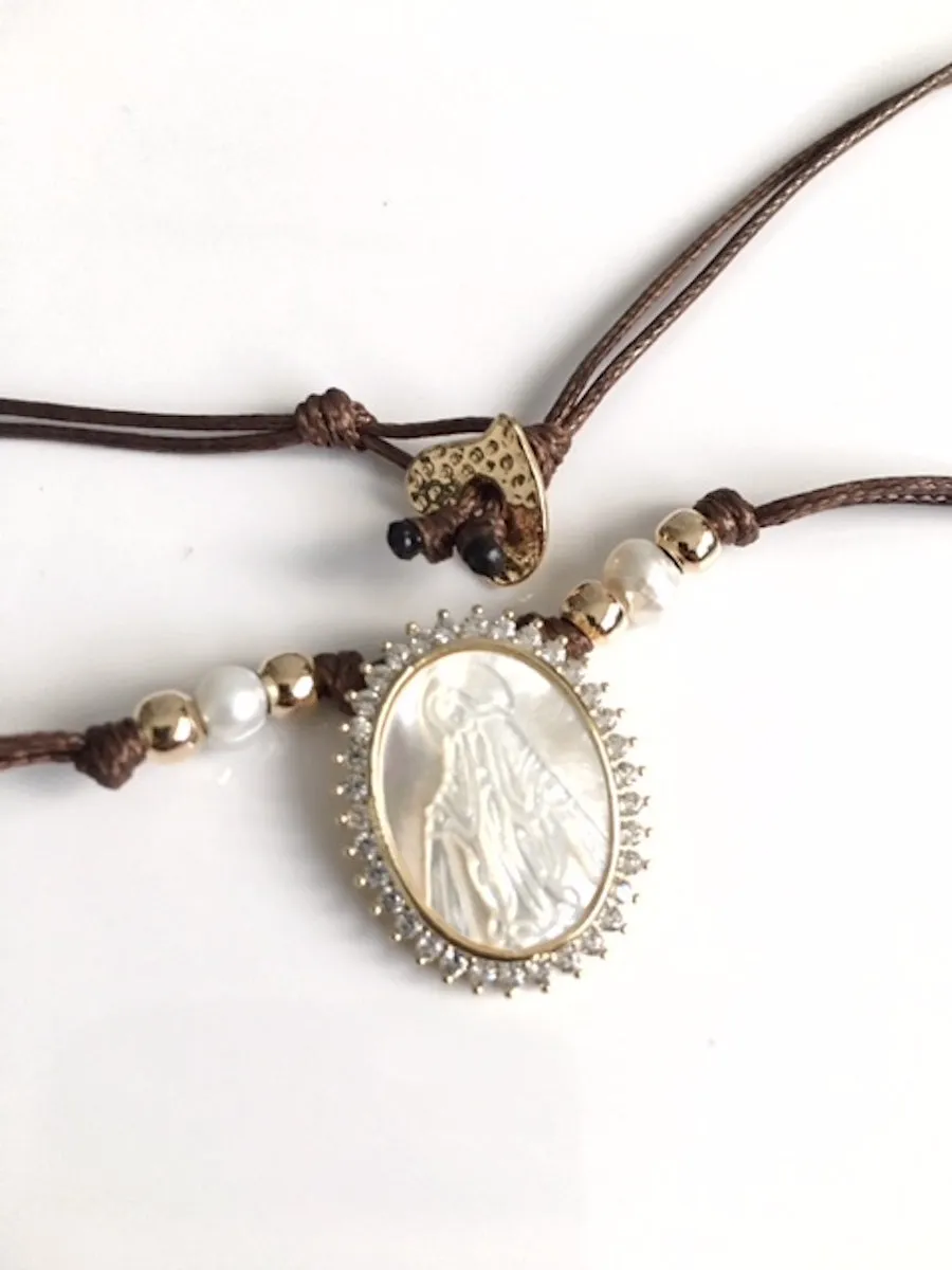 Mother of Pearl Miraculous Medal Brown Choker Necklace