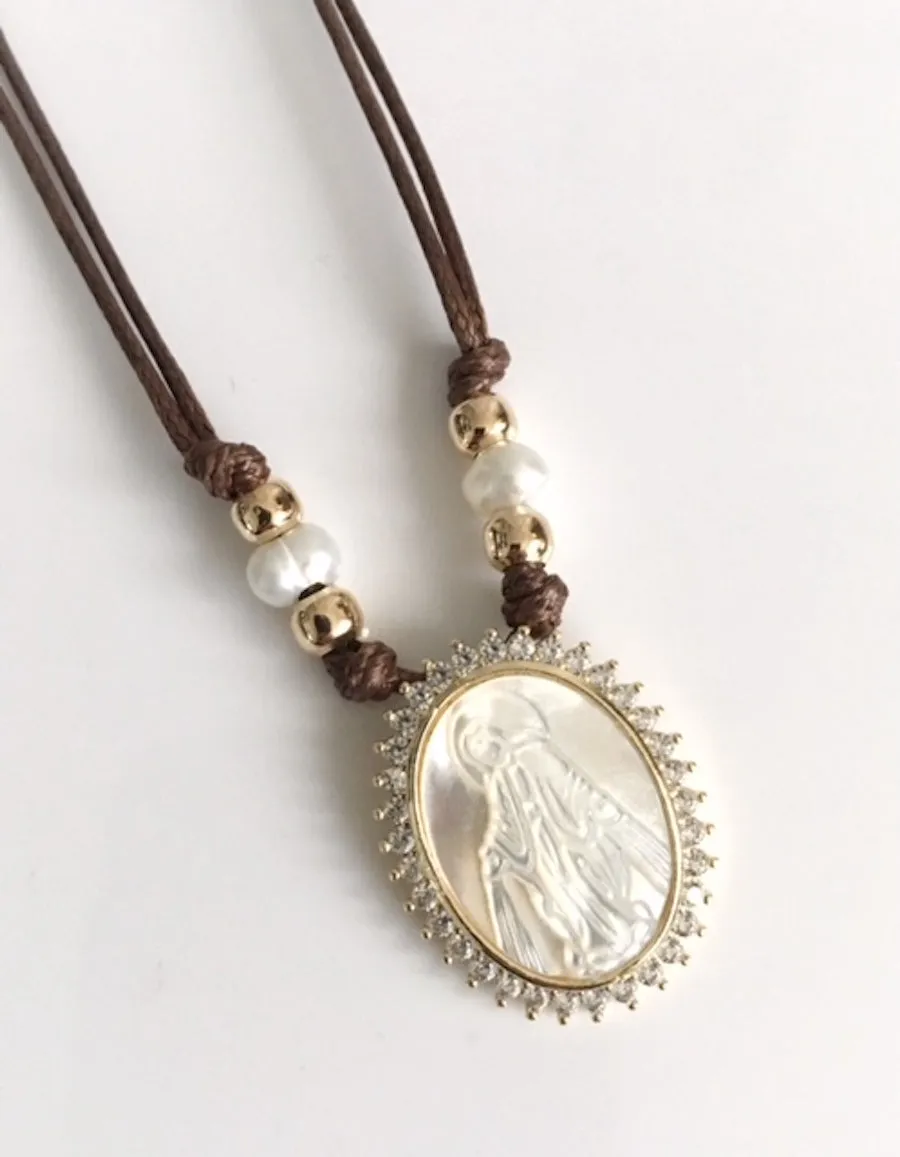 Mother of Pearl Miraculous Medal Brown Choker Necklace