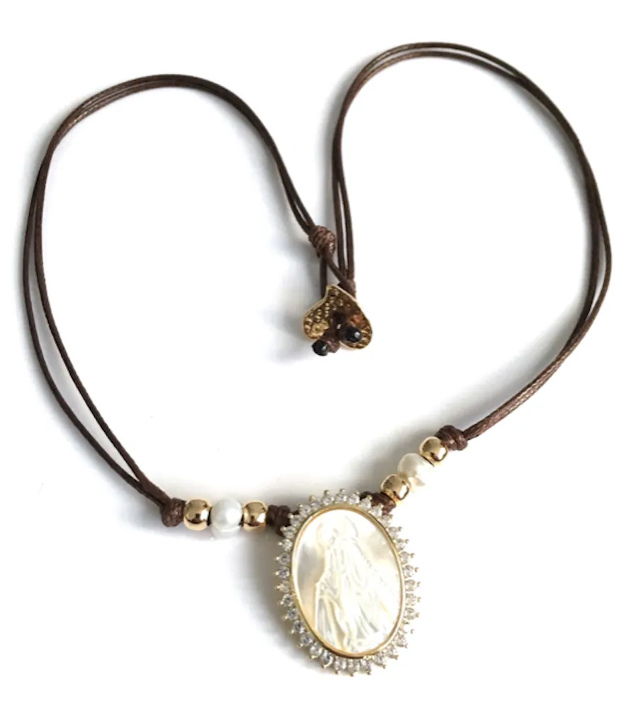 Mother of Pearl Miraculous Medal Brown Choker Necklace