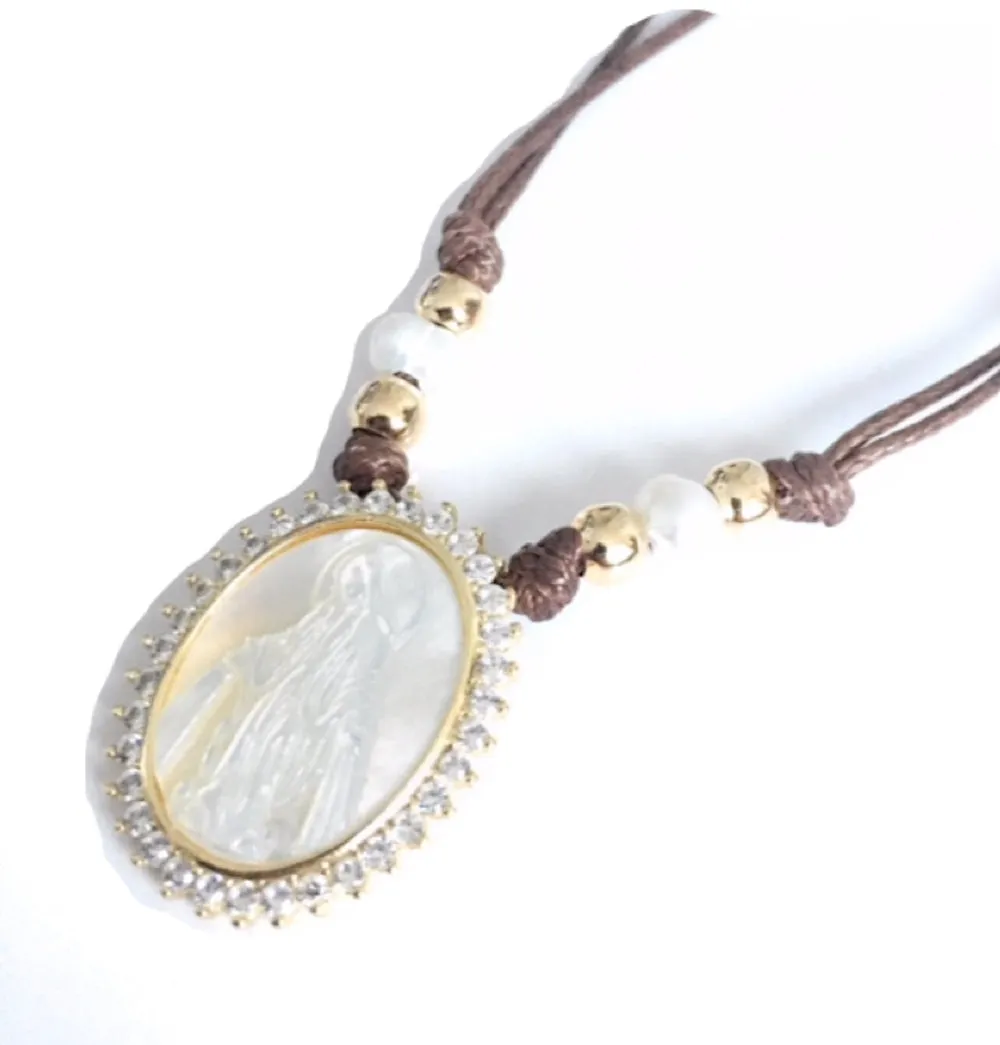 Mother of Pearl Miraculous Medal Brown Choker Necklace