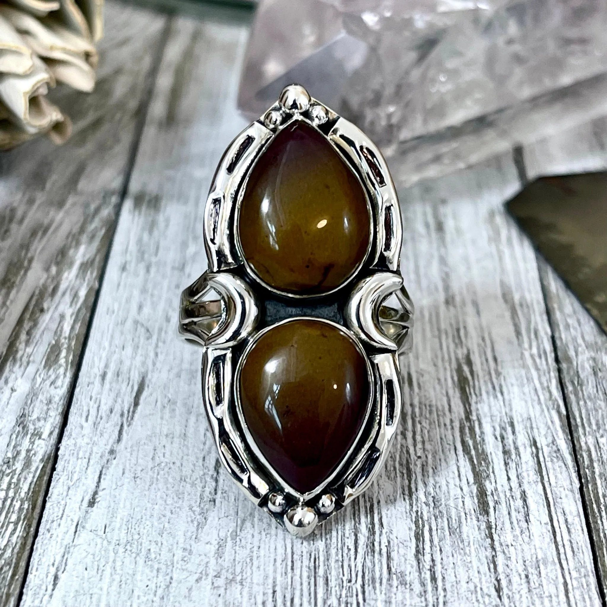 Mystic Moons Mookaite Crystal Ring in Sterling Silver 925- Designed by FOXLARK Collection Size 5 6 7 8 9 10 11 Adjustable / Gothic Jewelry