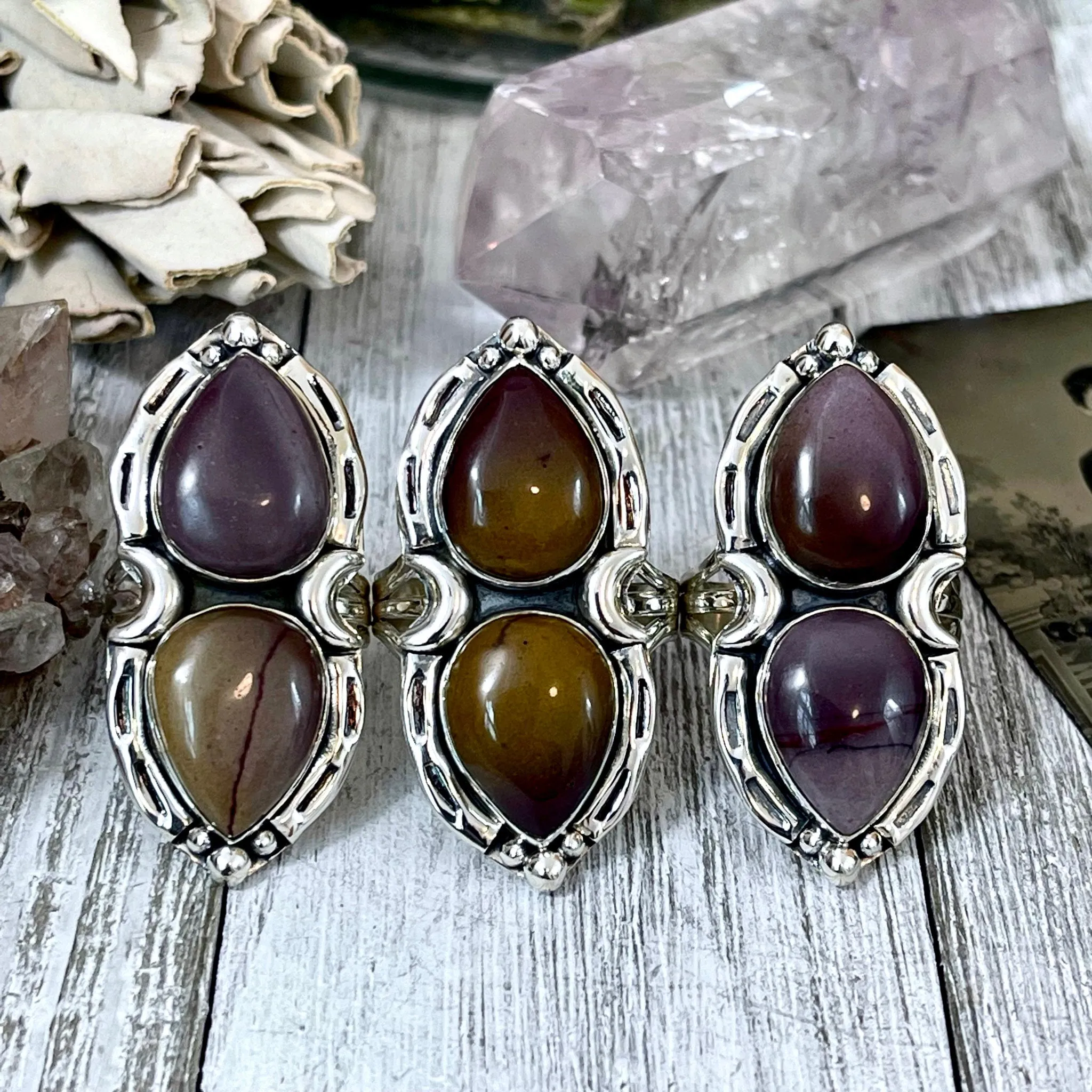 Mystic Moons Mookaite Crystal Ring in Sterling Silver 925- Designed by FOXLARK Collection Size 5 6 7 8 9 10 11 Adjustable / Gothic Jewelry