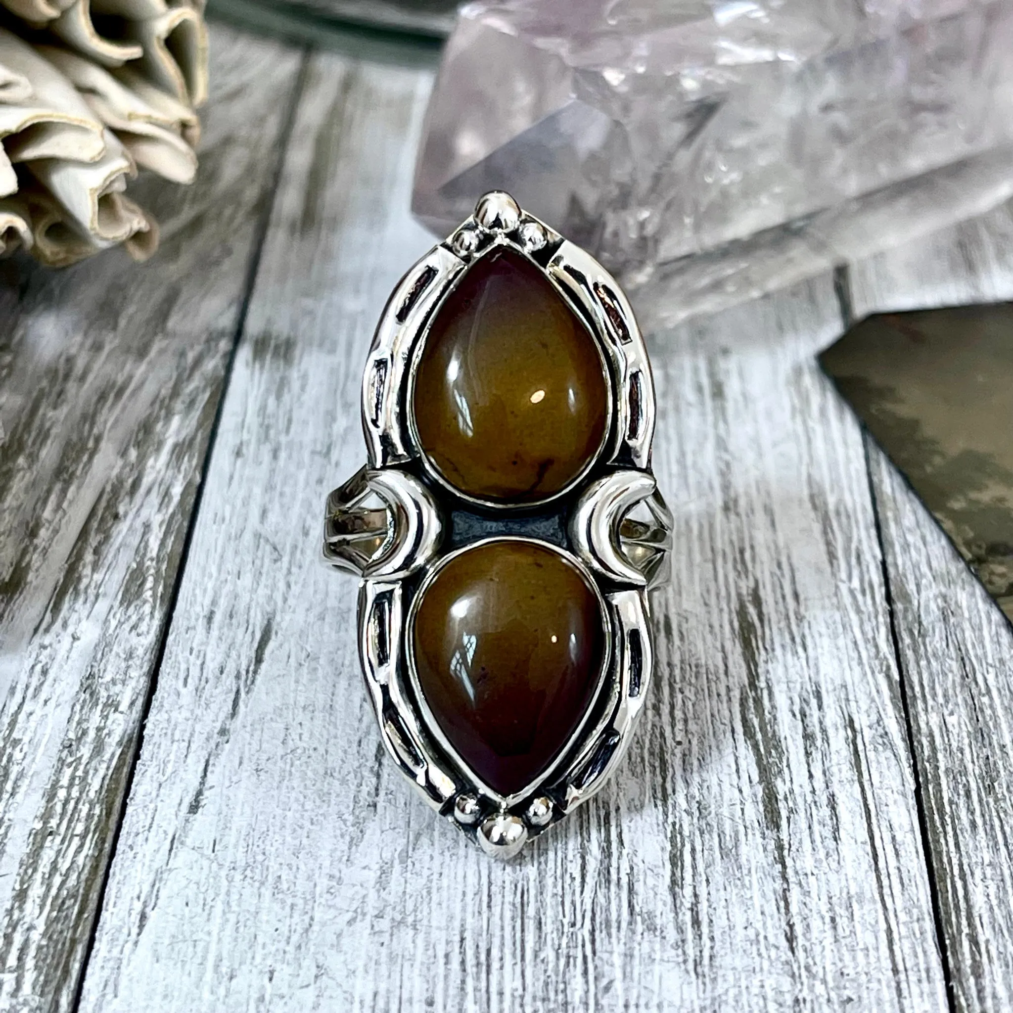 Mystic Moons Mookaite Crystal Ring in Sterling Silver 925- Designed by FOXLARK Collection Size 5 6 7 8 9 10 11 Adjustable / Gothic Jewelry