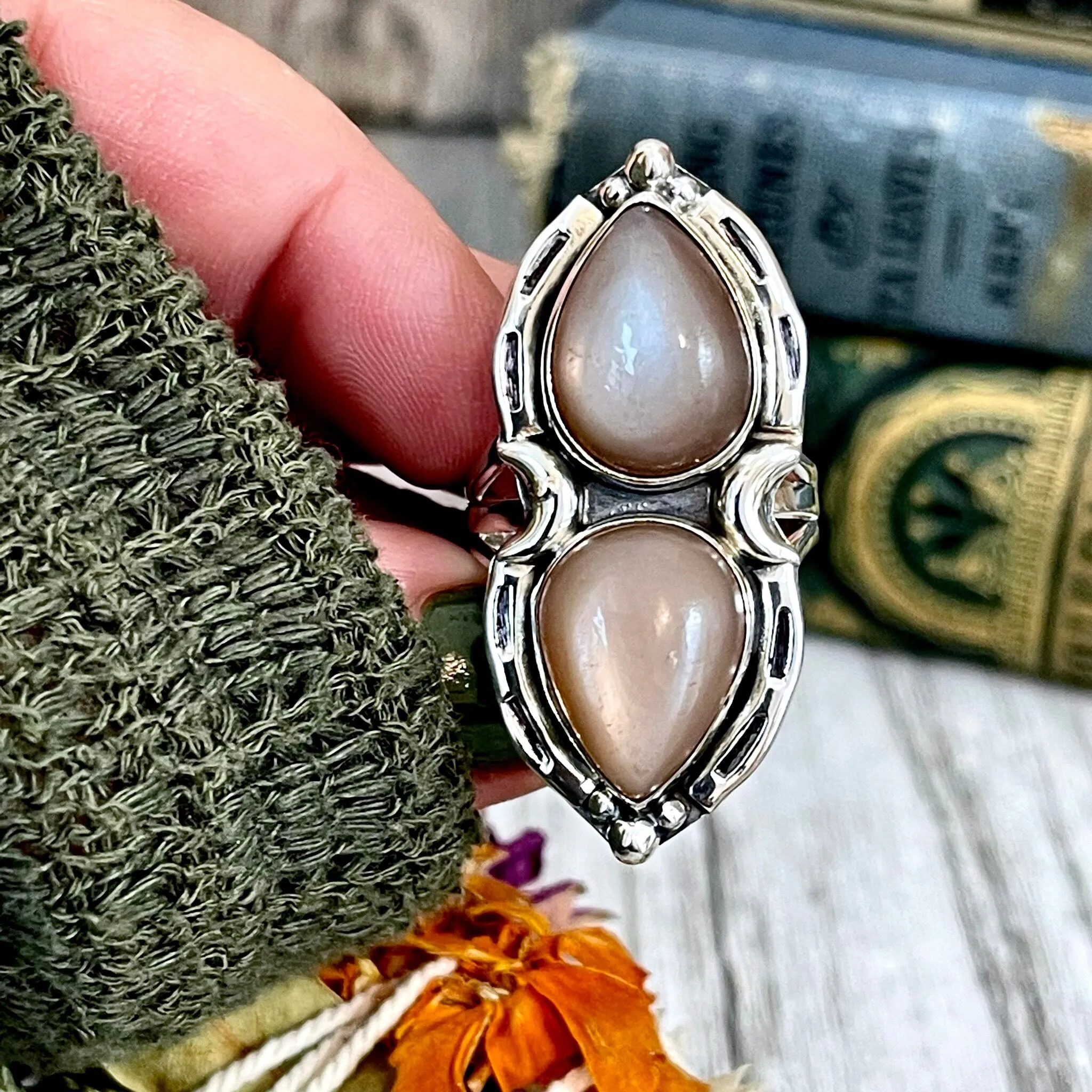 Mystic Moons Peach Moonstone Crystal Ring in Sterling Silver 925- Designed by FOXLARK Collection Size 5 6 7 8 9 10 11 or Adjustable