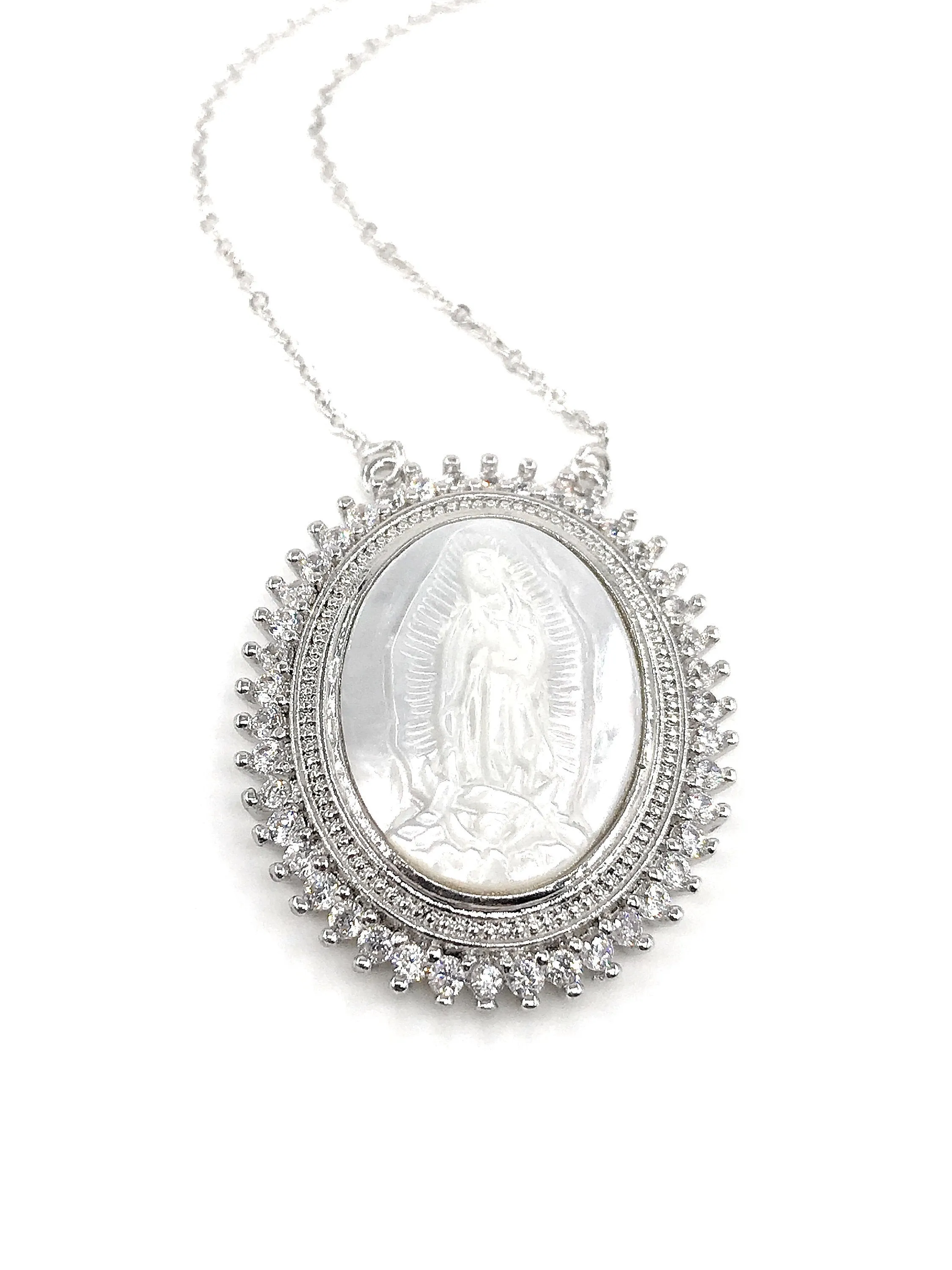 Our lady of Guadalupe Jewelry, Virgen de Guadalupe Silver Necklace, Mother of Pearl Pendant, Virgin Mary Silver Pendant, Guadalupe Medallion