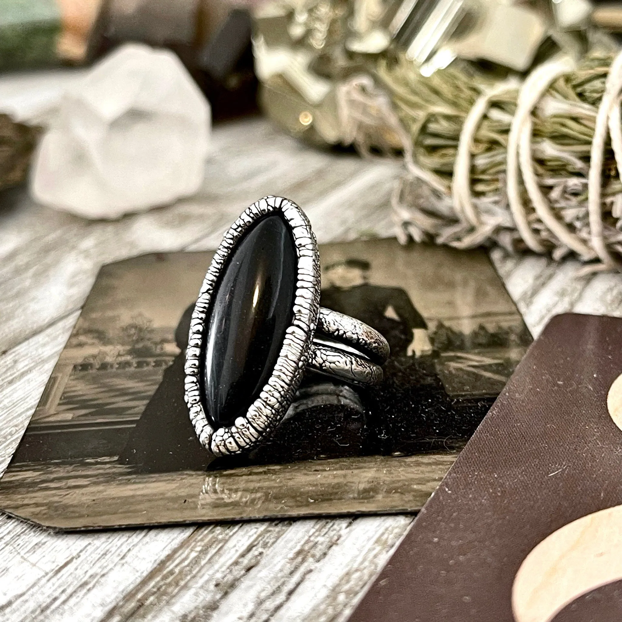 Oval Black Onyx Stone Ring in Fine Silver Size 6 7 8 9 / Foxlark Collection