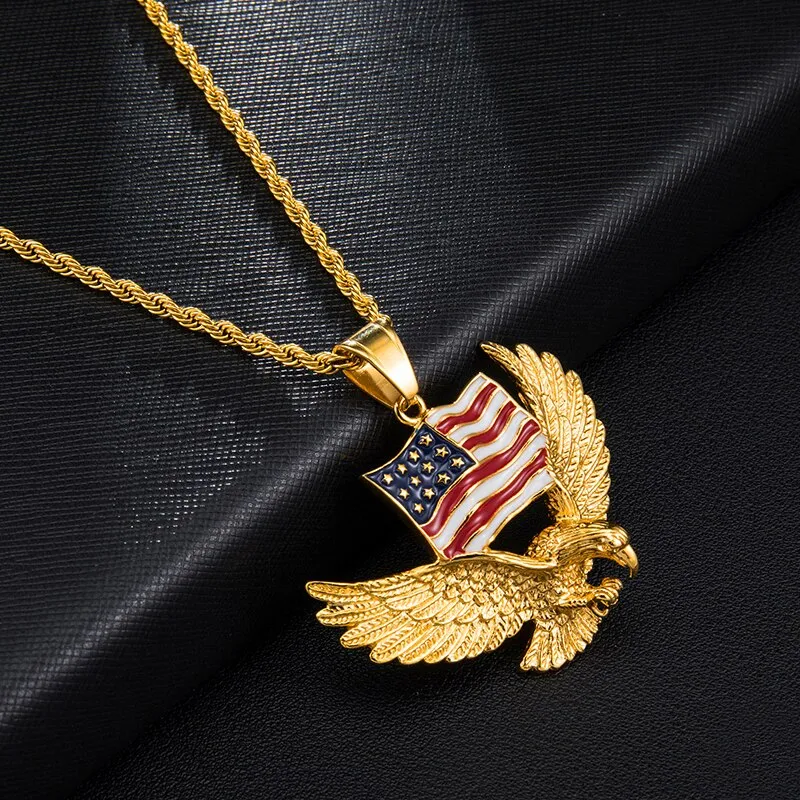 Paved Rhinestone-Studded American Flag and Eagle Bling Stainless Steel Hip-hop Pendant Necklace