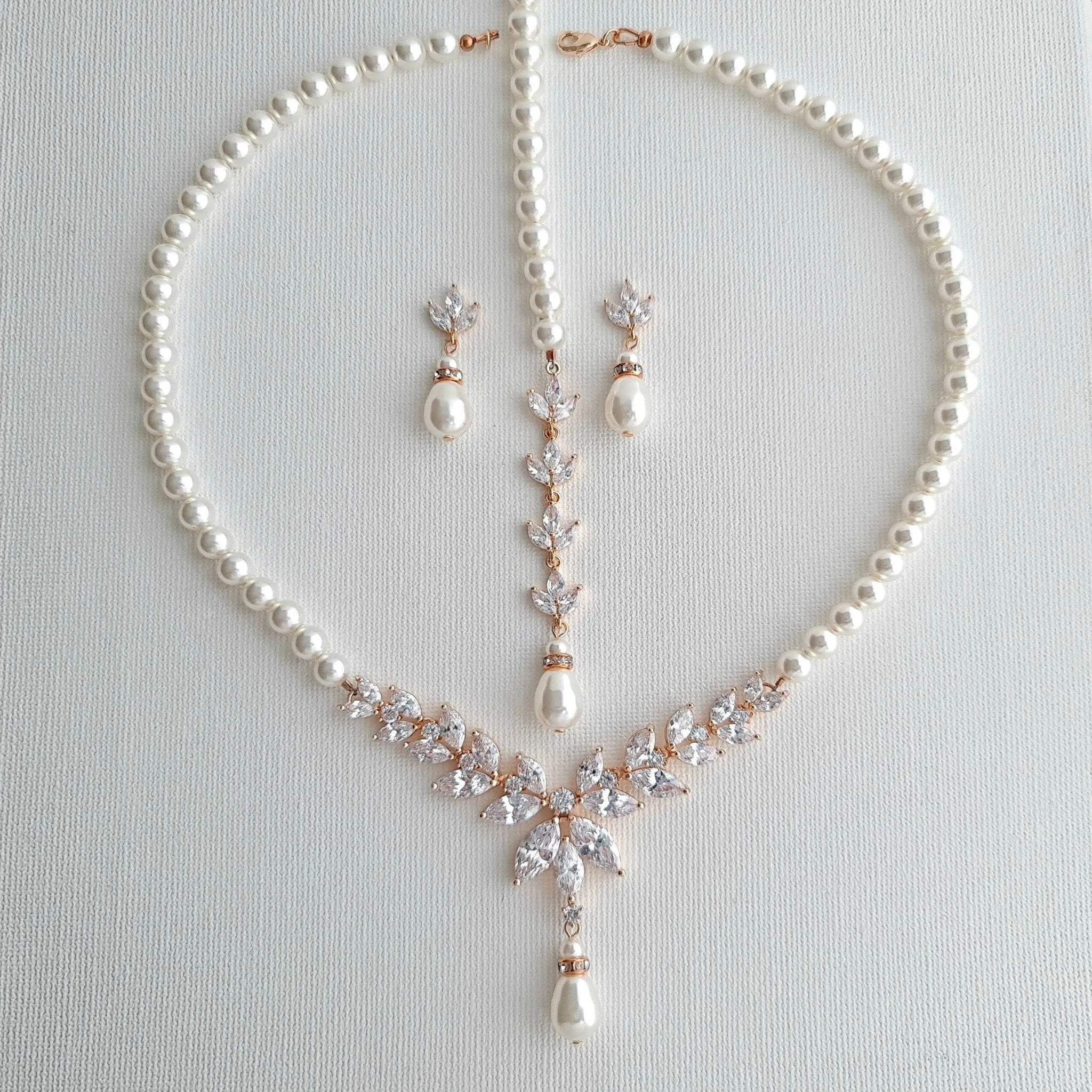 Pearl Bridal Jewelry Set in Ivory White Pearl Color with Necklace, Backdrop & Earrings-Katie