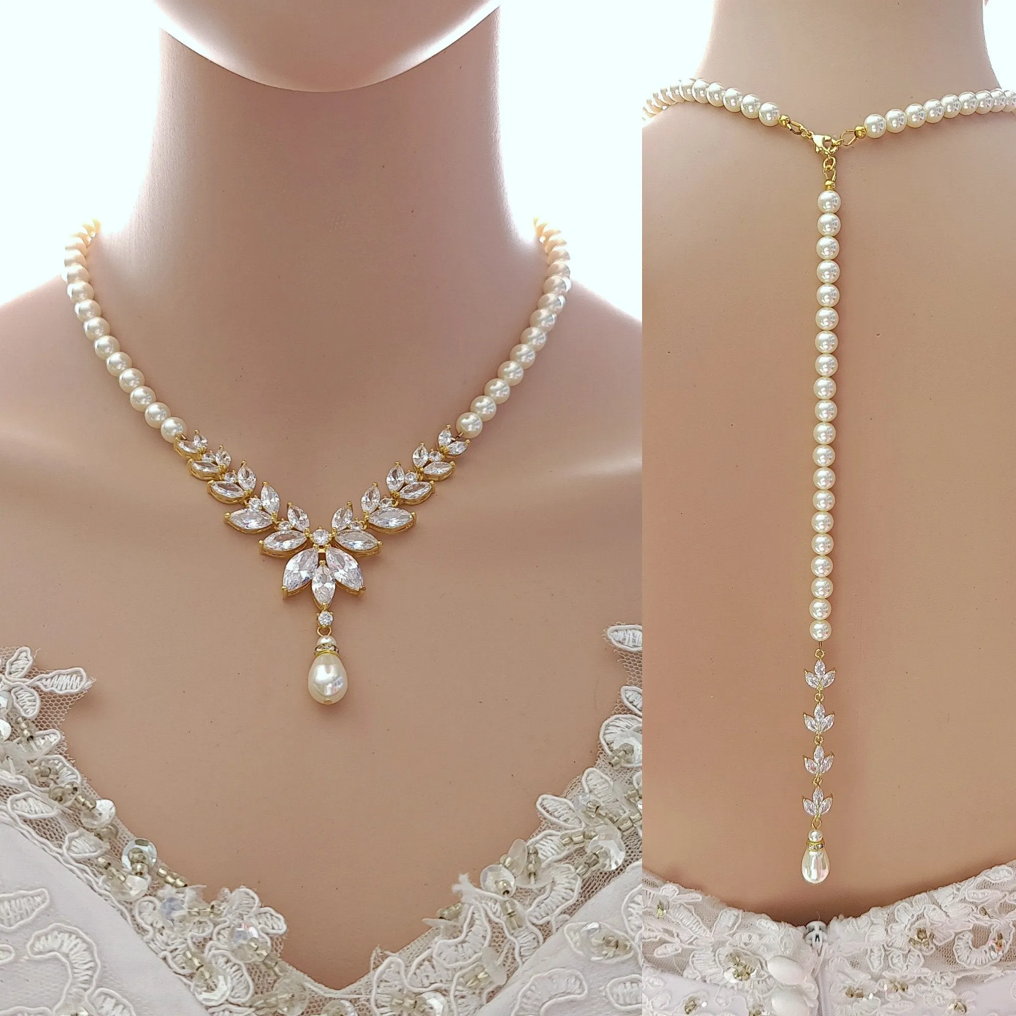 Pearl Bridal Jewelry Set in Ivory White Pearl Color with Necklace, Backdrop & Earrings-Katie